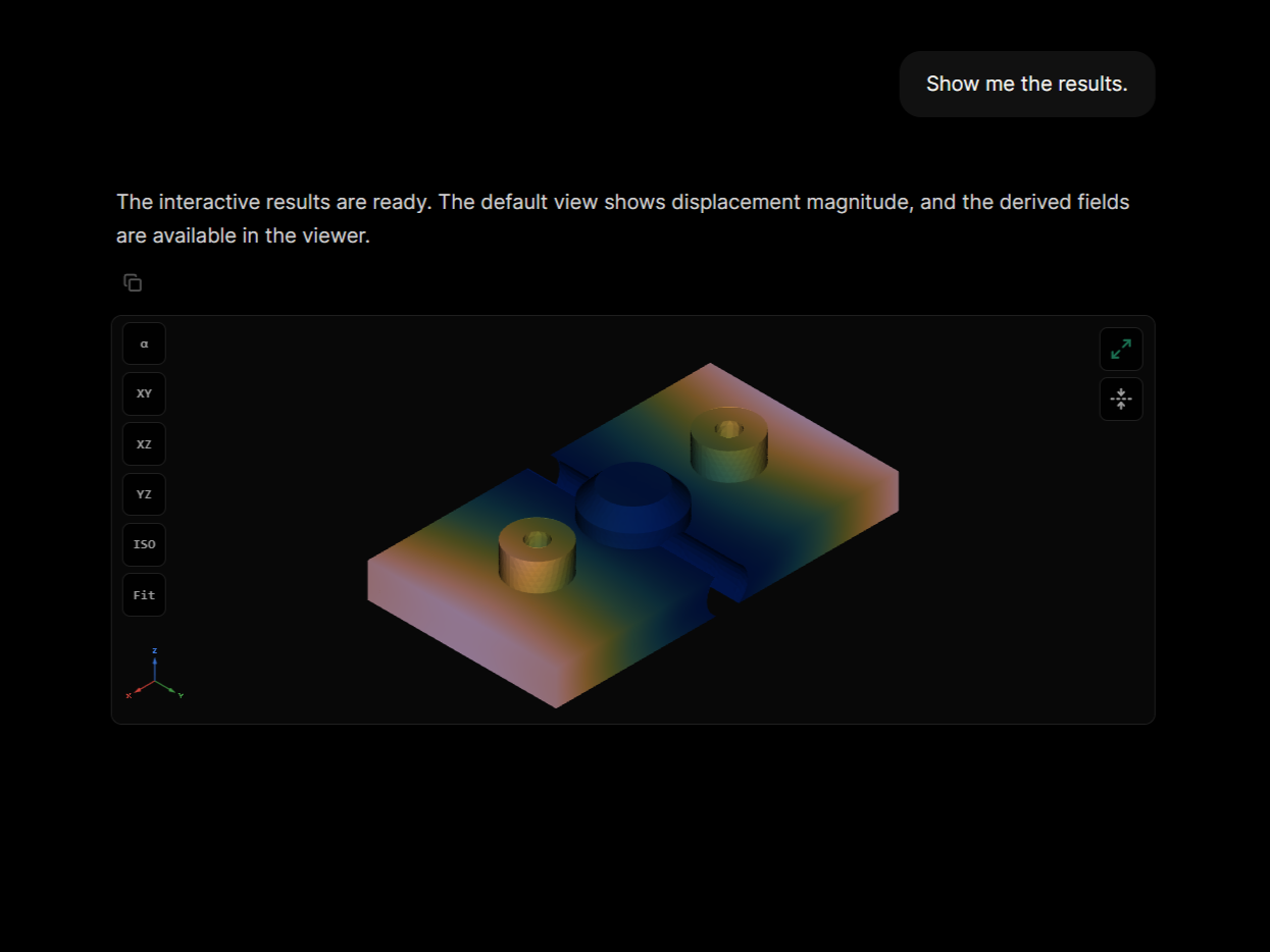 A live 3D result view embedded in the Eigenform chat, with an expand control